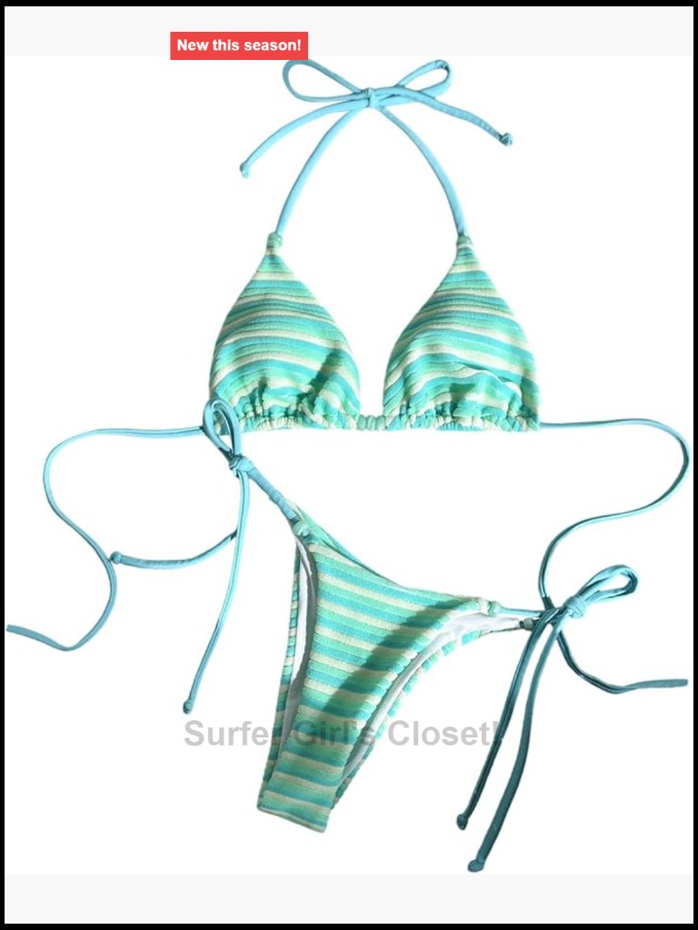 Striped Halter Triangle Bikini Set With Tie Side Bottoms